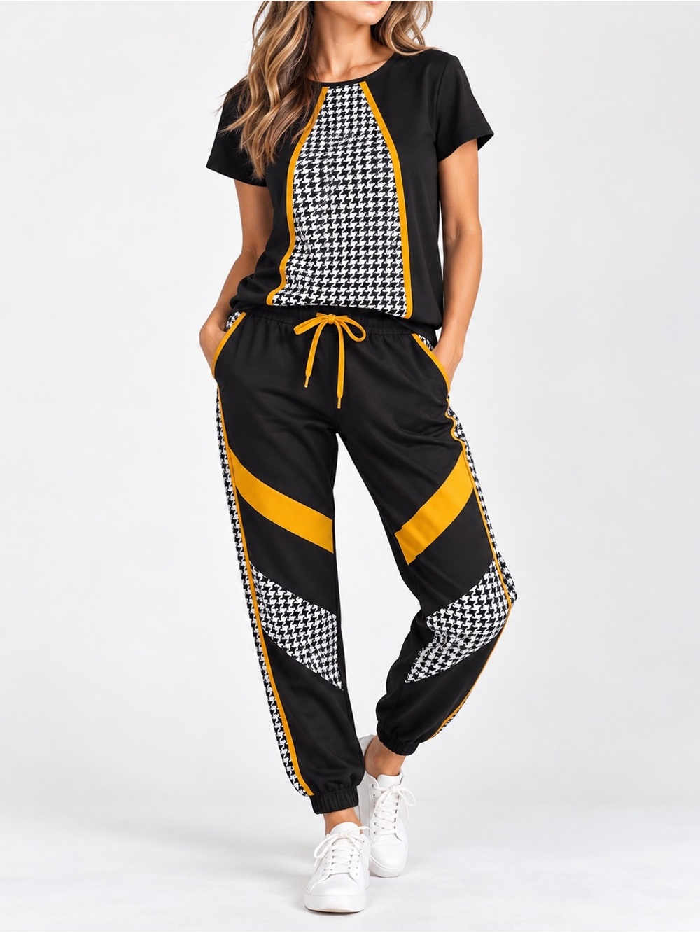 MIA Black & Mustard Houndstooth 2-Piece Jogger Set